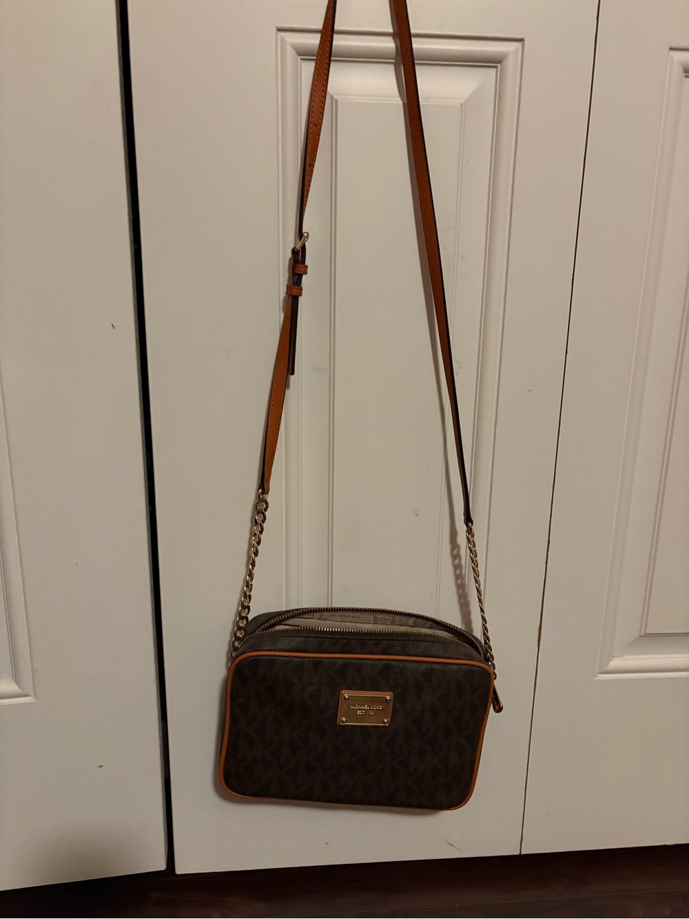 Michael Kors Brown Monogram Crossbody Bag with Tan Trim